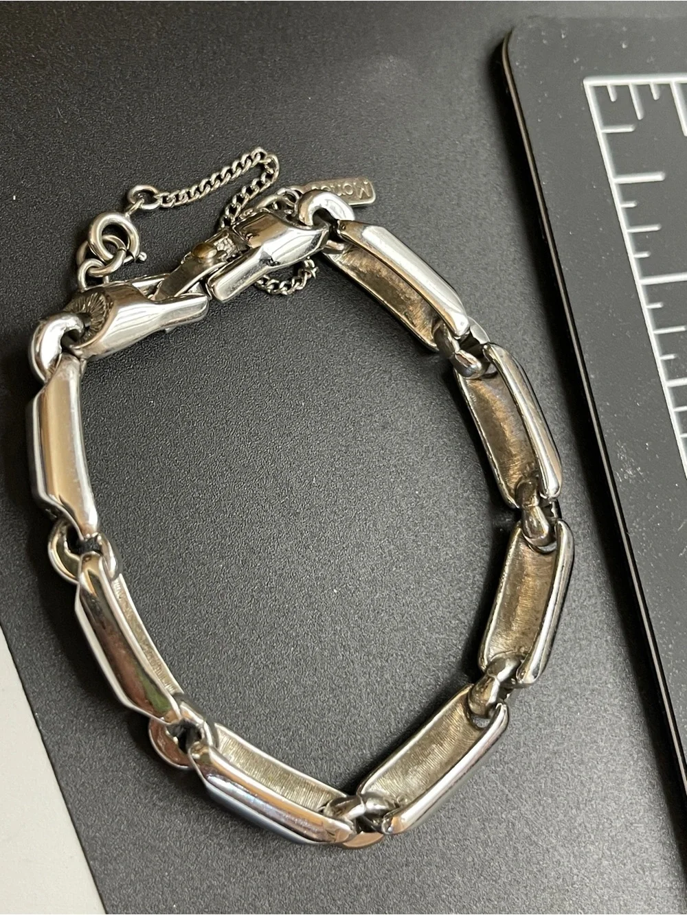 MONET Silver Tone Barrel Link Bracelet Fold Over Clasp Safety Chain Signed 7”